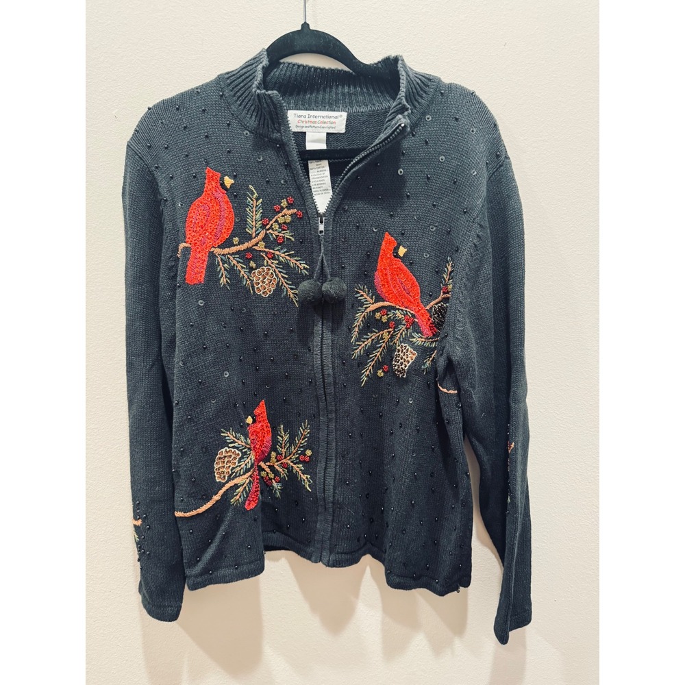 Tiara International Black Christmas Cardinal Sequin Embroidered Zip Cardigan XL